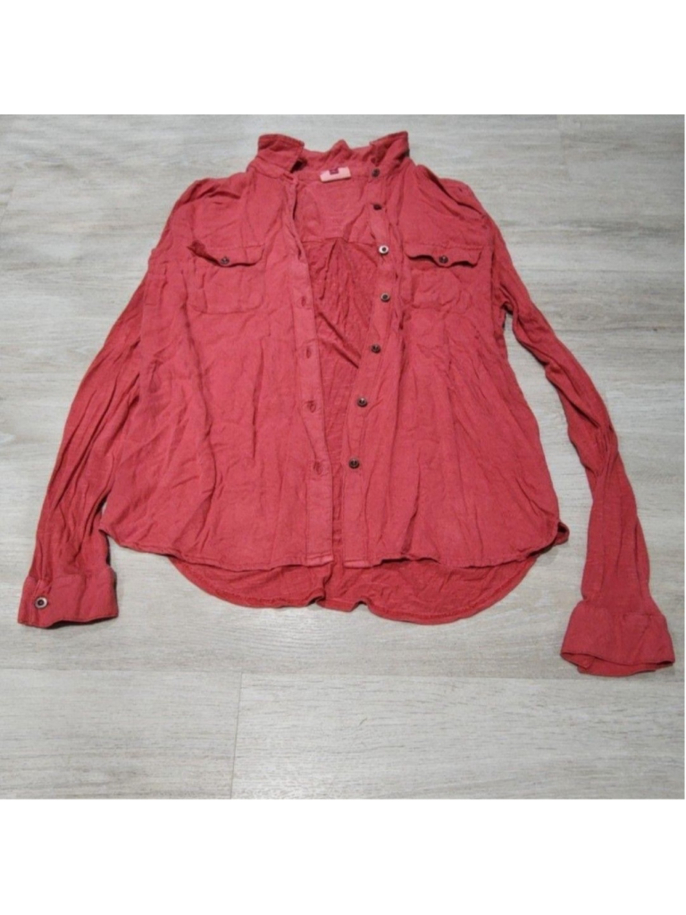 SO Button-Up Shirt Womens Size Red Rayon Long Sleeve Pockets Casual